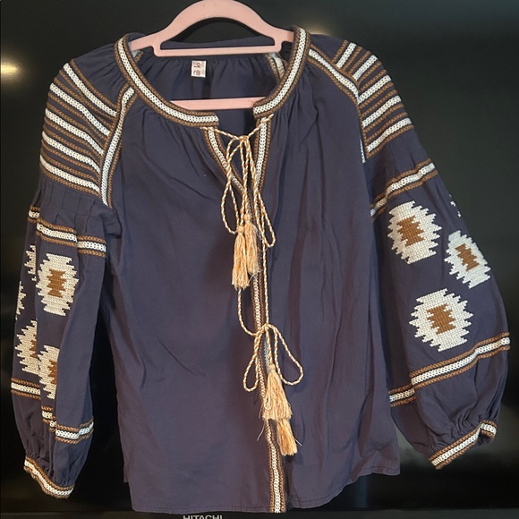 Tops - Bohemian Embroidered Women's Top - Navy and Cream with snap closure and two ties
